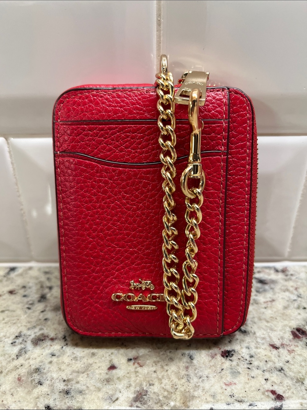 Coach Pebbled Red Leather Zippered Card Holder with Strap EUC
